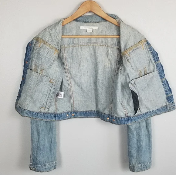 Polo Jeans Co Ralph Lauren Y2K Distressed Cropped Blue Denim Trucker Jacket Sz M - Picture 7 of 12